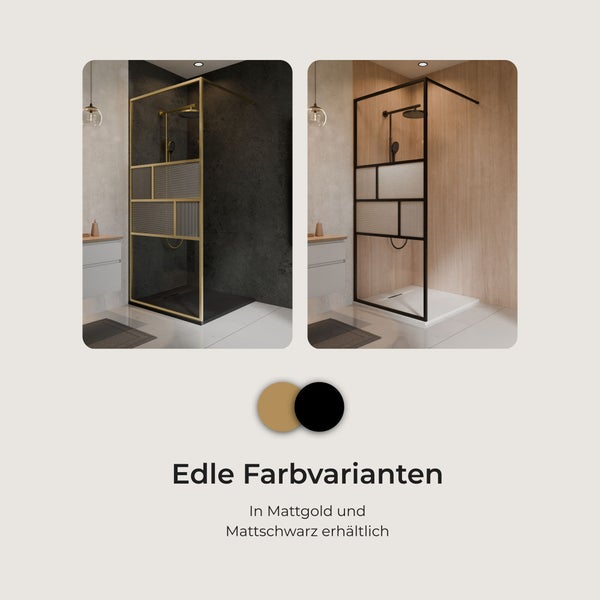 Walk-In-Duschwand mit geradlinigem Rahmen und teilweise geriffeltem Glas in den Ausführungen Mattgold und Mattschwarz.