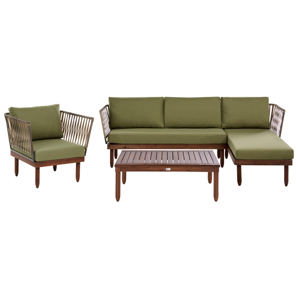 Gartenlounge-Set aus Holz mit Seilbespannung, bestehend aus Sofa mit Recamiere, Sessel und Tisch inklusive grüner Polster.