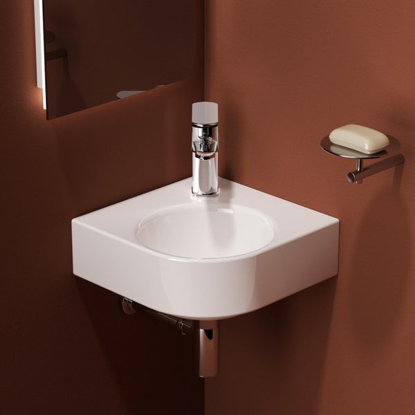 EMKE Wandwaschbecken 440x385mm, Keramik, glänzend Weiß, V-Form Design, mit Wasserhahnloch, Höhe 155mm, Badezimmer Waschbecken, pflegeleicht, feuchtigkeitsbeständig, für Bad