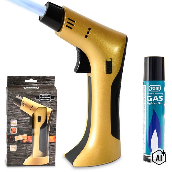 TOM Gasbrenner Set mit nachfüllbarem Mehrzweckbrenner und 100 Milliliter Universal Feuerzeuggas in der Verpackung.