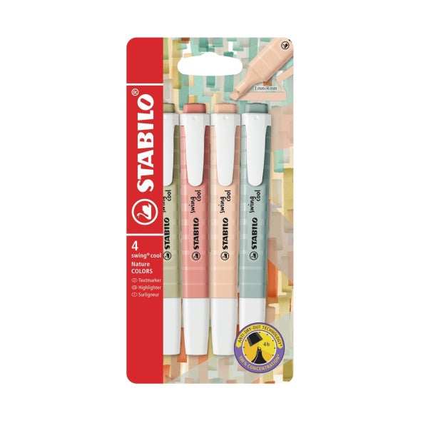 STABILO Textmarker swing cool Nature Colors im 4er-Pack, Keilspitze für Strichstärken von 1 Millimeter bis 4 Millimeter.