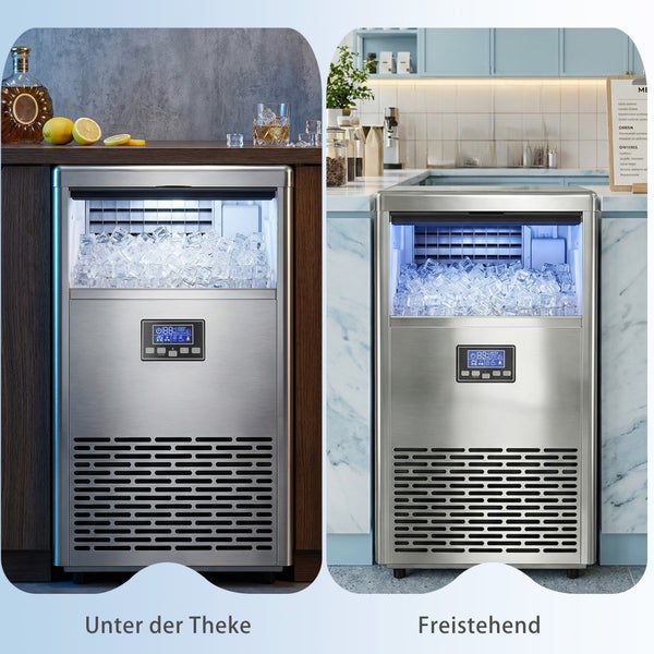 Edelstahl Eiswürfelmaschine mit digitalem Display, dargestellt als Einbaugerät unter einer Theke und als freistehendes Modell in einer Küche.