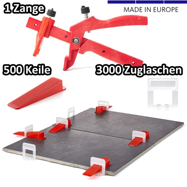 BigDean 3000 Laschen 2mm, 500 Keile & 1 Zange - Fliesen Nivelliersystem - Frei wählbar - Riesen Auswahl an Fliesenkeilen & Zuglaschen - Verlegehilfe Fliesenleger Set - Made in Europe