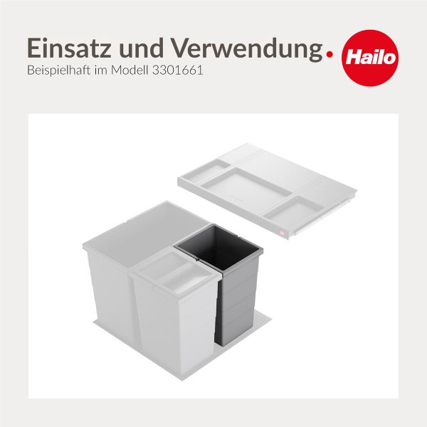 Hailo Abfalltrennsystem mit drei Eimern und ausziehbarer Ablage, Anwendungsbeispiel für Modell 3301661. Hailo Logo.