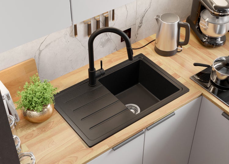 PRIMAGRAN Spülbecken Alles Schwarz 70x44cm, Granitspüle 1 Becken + Ablauf-Set, Küchenspüle ab 45er Unterschrank - Kopenhagen Easy