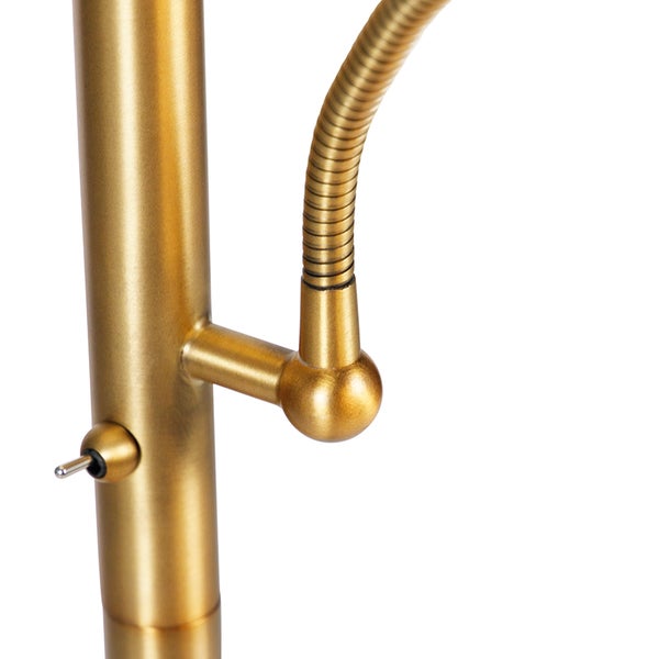 Detailaufnahme einer goldenen Stehlampe mit flexiblem Arm und Schalter