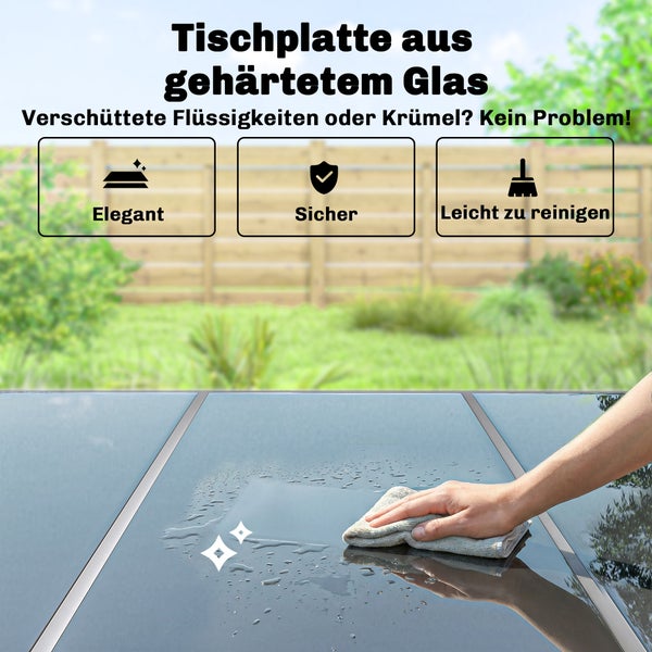 Tischplatte aus gehärtetem Glas wird mit einem Tuch abgewischt. Symbole für elegantes Design, Sicherheit und leichte Reinigung.