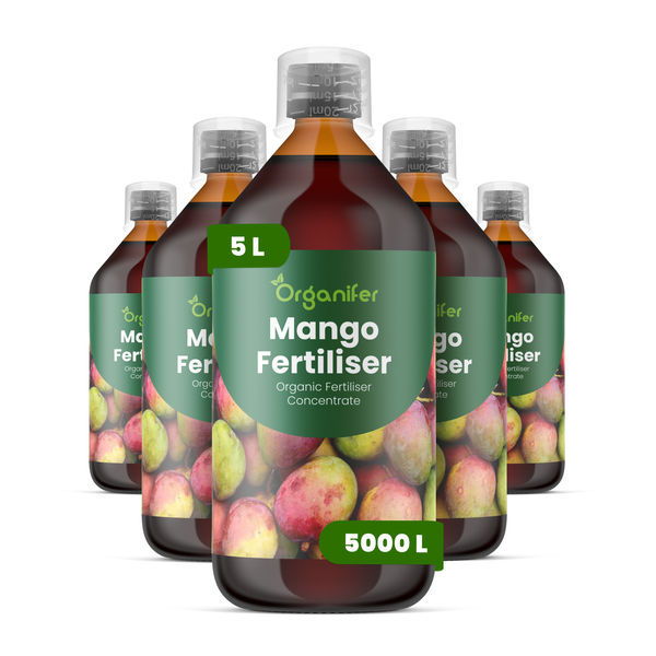 Fünf Flaschen Organifer Mango Dünger, organisches Düngerkonzentrat für Pflanzen.