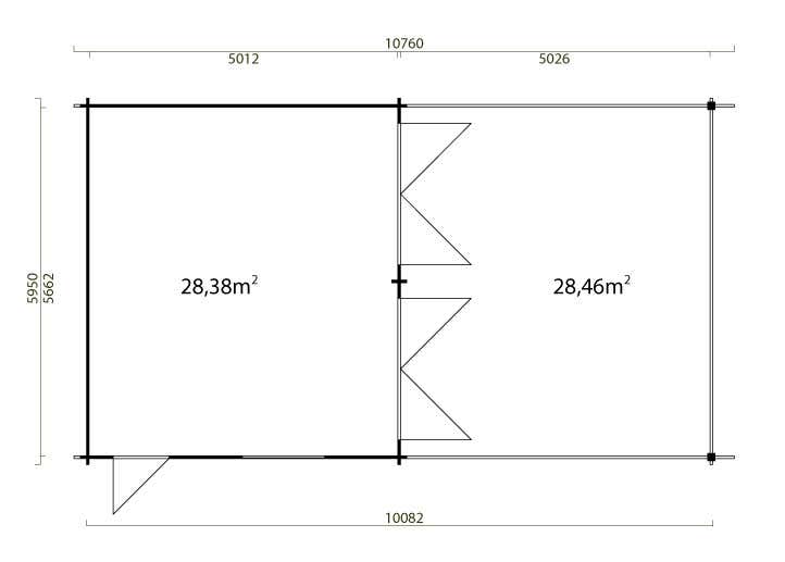 Grundriss eines Gartenhauses mit Terrasse und detaillierten Maßangaben in Millimetern.