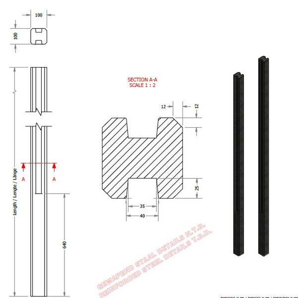 Technische Zeichnung eines Betonzaunpfostens mit Maßen in Millimetern, Querschnitt und dreidimensionaler Ansicht.