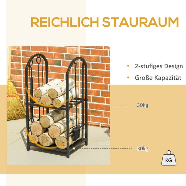 Outsunny kaminholzregal, mit 4 zusätzlichen Brennholzwerkzeugen, 2-Ebenen-Design, 41,5 x 32,5 x 74,5 cm, Metall, Schwarz