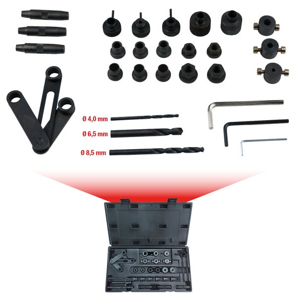 Werkzeugsatz mit Bohrern, Drehmomentverstärker und verschiedenen Aufsätzen in einem schwarzen Kunststoffkoffer