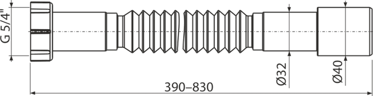 Technische Zeichnung eines flexiblen Ablaufschlauchs mit Anschluss G 5/4 Zoll, Durchmesser 32 mm und 40 mm, Länge 390 bis 830 mm.