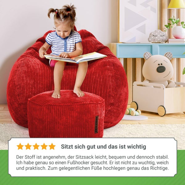 Green Bean 2er Set Indoor XXL Sitzsack + Pouf mit EPS-Perlen Füllung - Fußhocker Fußkissen Hocker Bodenkissen Liegekissen Sitzkissen Lounge Chair - Rot