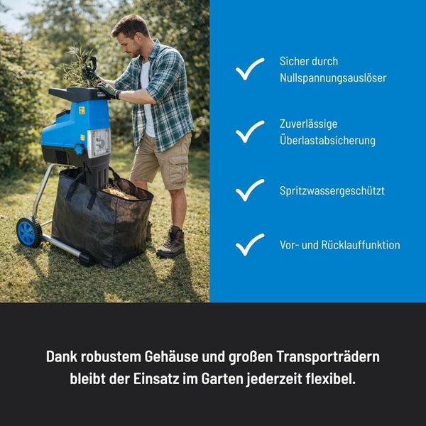 Güde Gartenhäcksler im Einsatz, mit Details zu Nullspannungsauslöser, Überlastschutz, Spritzwasserschutz, Vor- und Rücklauf und großen Rädern.