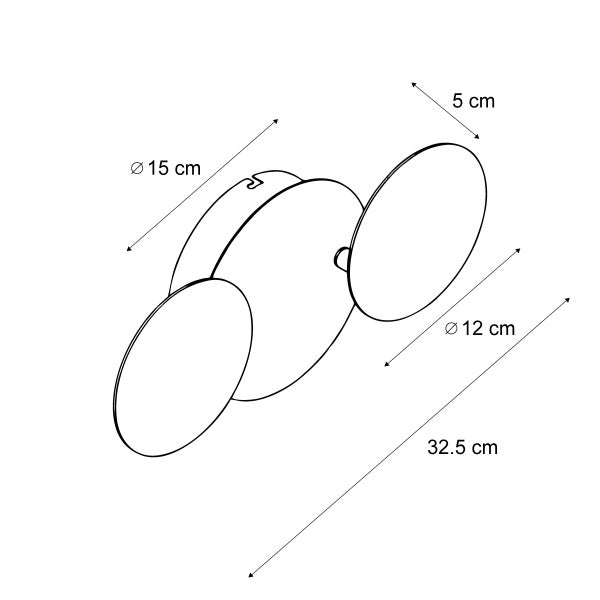 Technische Zeichnung einer Deckenleuchte mit den Maßen 32,5 cm Länge, 15 cm Durchmesser und 12 cm Durchmesser der Lampenschirme.