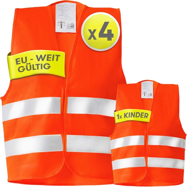 Warnwesten Auto 5er 4+1 Set Europaweit gültig nach EN ISO 20471 - Reflektierende Warnweste Auto inkl. Kinderweste - Sicherheitsweste Auto Warnweste Orange - Warnschutzweste Sicherheitswesten