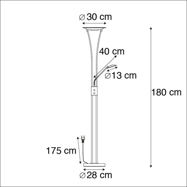 Technische Zeichnung einer Stehlampe mit den Maßen Höhe 180 cm, Schirmdurchmesser 30 cm, Leselampendurchmesser 13 cm und Fußdurchmesser 28 cm