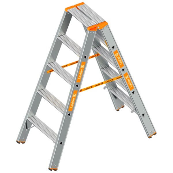 Layher Alu-Doppelstufenleiter mit sechs Stufen pro Seite und orangefarbenen Sicherheitsgurten.