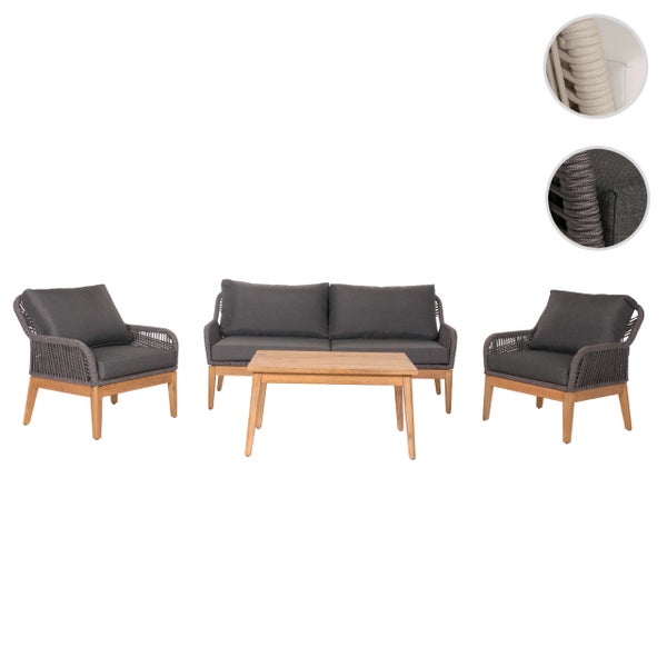 Garten-Lounge-Set bestehend aus Zweisitzer-Sofa, zwei Sesseln und Couchtisch aus Holz mit Polstern und Kordelgeflecht.