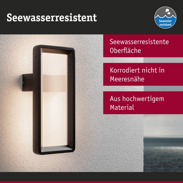 Außenwandleuchte mit seewasserresistenter Oberfläche aus hochwertigem Material, korrosionsbeständig in Meeresnähe.