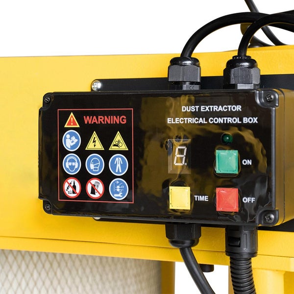 Staubabsaugung Elektrischer Schaltkasten mit Warnhinweisen und Bedienelementen