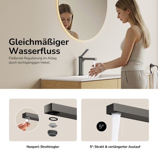 Waschtischarmatur in Anthrazit mit gleichmäßigem Wasserfluss, Neoperl-Strahlregler und einem um 5 Grad geneigten Wasserstrahl.