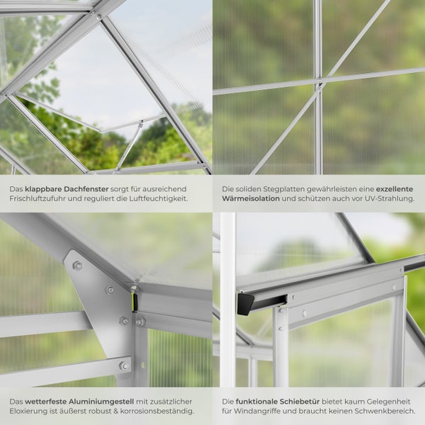Detailansicht Gewächshaus mit Dachfenster, Stegplatten, Aluminiumgestell und Schiebetür