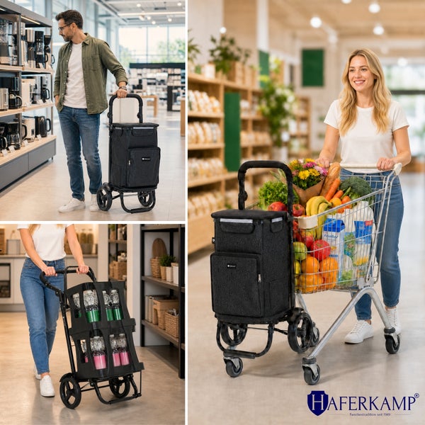 Einkaufstrolley von Haferkamp mit abnehmbarer Tasche, faltbarem Gestell, Spanngurt und Einkaufswagenchip inklusive.