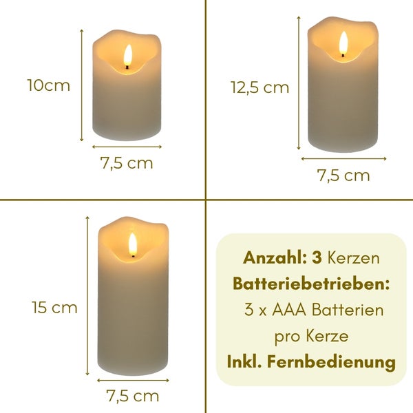 Set aus drei LED Stumpenkerzen in drei verschiedenen Hoehen mit Fernbedienung und Batteriebetrieb.