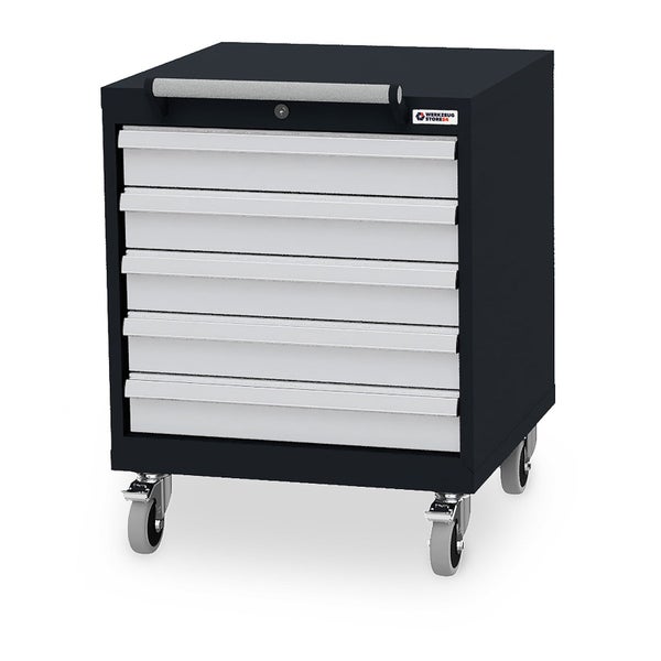 Schwarzer Werkstattwagen mit fünf silbernen Schubladen, Lenkrollen und Schiebegriff. Werkzeugstore24 Logo.