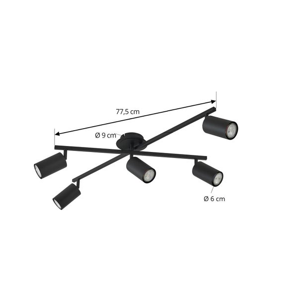 Schwarze Deckenleuchte mit fünf Strahlern und Maßangaben