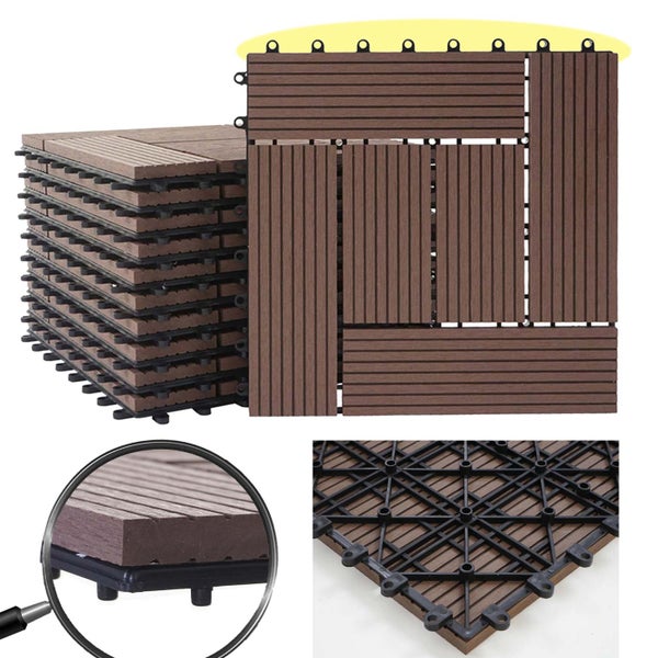 Terrassenfliesen aus Wood Plastic Composite mit Klicksystem, Stapel, Detail der Oberflächenstruktur und Unterseite mit Kunststoffgitter.