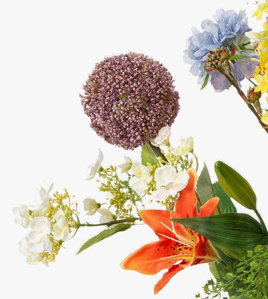 Künstlicher Blumenstrauß mit Allium, Lilie und weiteren Blüten in Lila, Orange und Weiß.