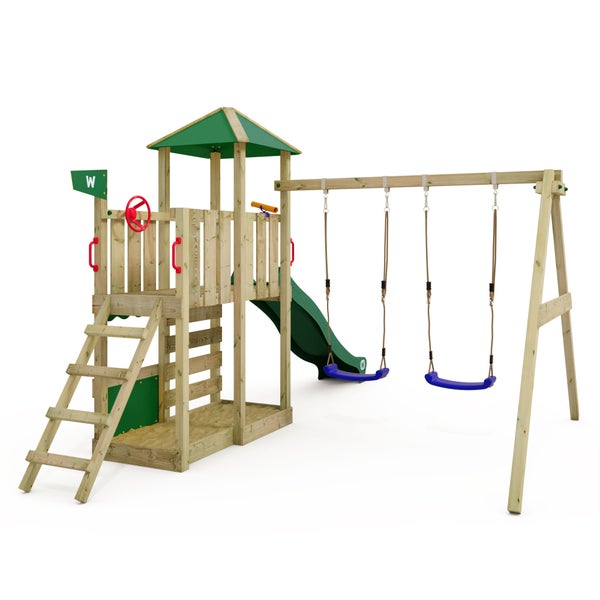 WICKEY Spielturm Klettergerüst Smart Savana mit Schaukel und Rutsche, Spielhaus mit Kletterleiter und Spiel-Zubehör – grün