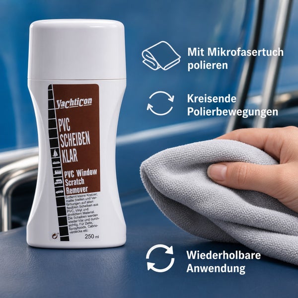 Yachticon PVC Scheiben Klar Kratzerentferner in einer Flasche mit Anwendungshinweisen für klare Kunststoffscheiben.