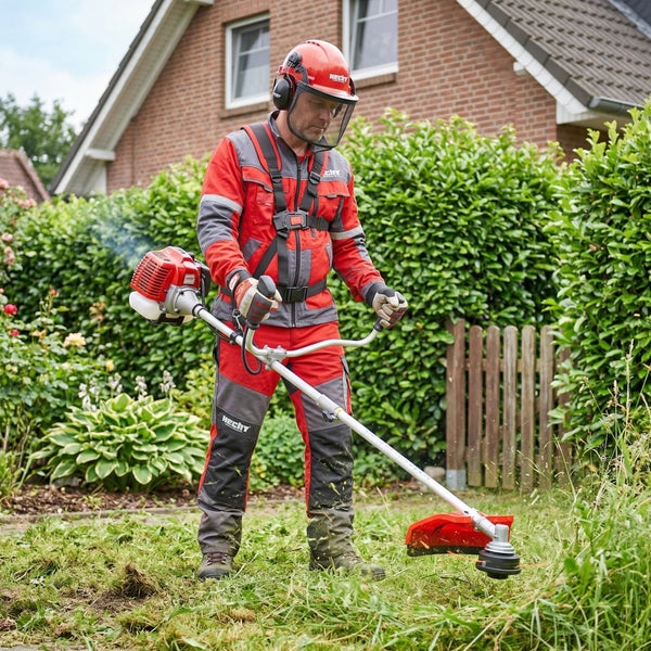 Mann mit Schutzhelm und Trimmer bei der Gartenarbeit