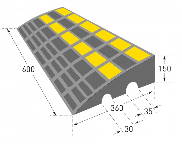 UvV Bordsteinrampe, Anfahrrampe Hartgummi schwarz gelb reflektierend schwerlast bis 40t belastbar, Borsteinhöhe 150 mm, 60 cm breit