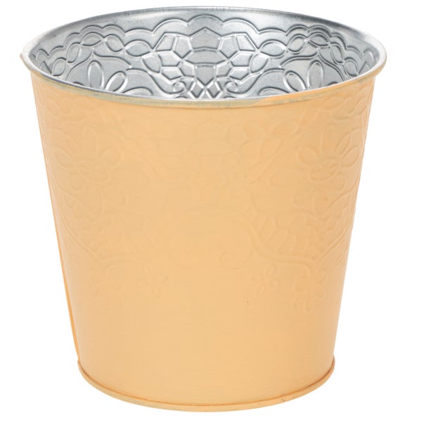 Übertopf aus Metall mit dekorativer Blumenprägung, konische Form, beige