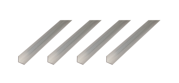Vier Winkelprofile aus Aluminium zur stabilen Befestigung und als Kantenschutz im Innen und Aussenbereich.