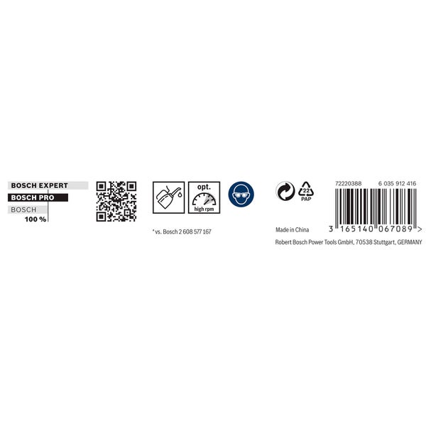 Bosch Expert, Bosch Pro, Bosch Logo, QR Code, Altöl Symbol, High RPM Symbol, Schutzbrille Symbol, Recycling Symbol, Papier-Recycling Symbol, Barcode