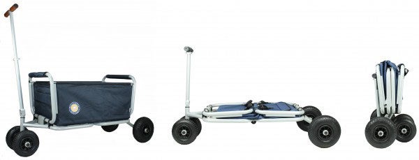 Bollerwagen in verschiedenen Ansichten: aufgebaut, zusammengeklappt und flach zusammengelegt.