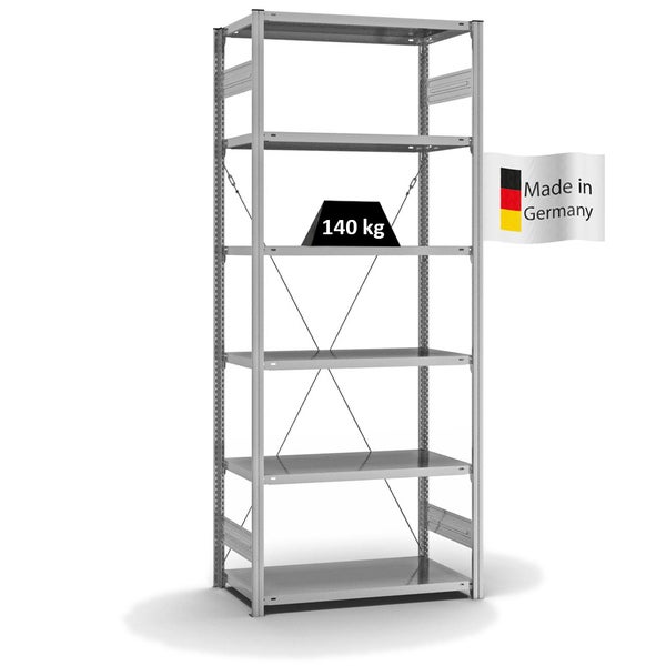 PROREGAL Fachbodenregal Stecksystem T-Profil Light-Duty Grundregal HxBxT 250 x 100 x 50 cm 6 Ebenen Fachlast 140 kg Einseitig Nutzbar Verzinkt