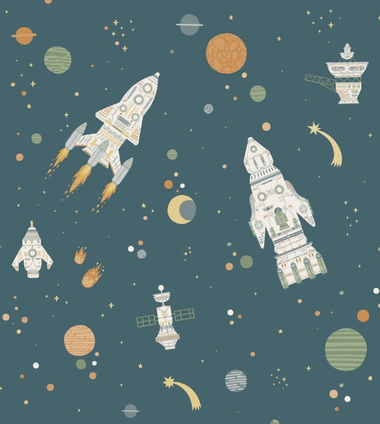 Tapete mit Weltraum-Motiv, illustrierte Raketen, Raumschiffe, Satelliten, Planeten und Sterne in verspieltem Design.