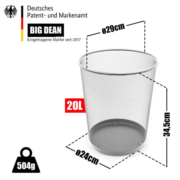 BigDean Papierkorb Mülleimer Büro silber 20L Draht – vielseitiger Mülleimer