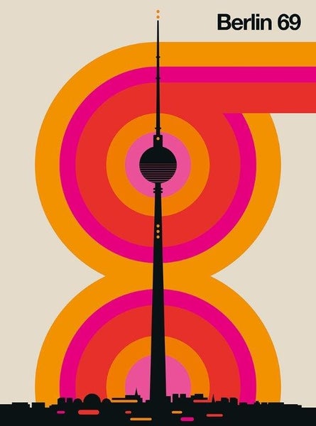 Grafisches Poster mit der Silhouette des Berliner Fernsehturms und dem Text Berlin 69 im Retro-Stil mit konzentrischen Kreisen.