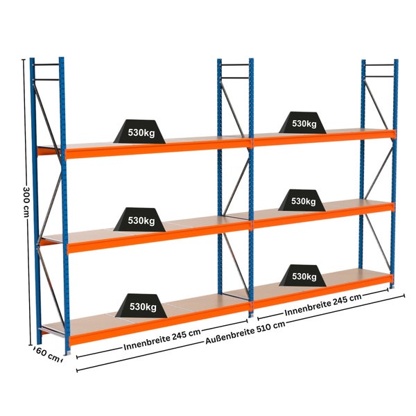 Abbildung eines Schwerlastregals mit drei Ebenen, Abmessungen 300 cm Höhe, 60 cm Tiefe und 510 cm Außenbreite.