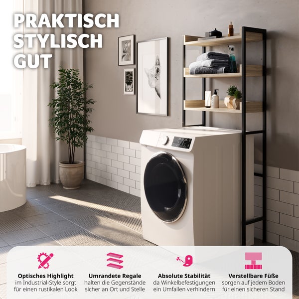 Waschmaschinenregal im Industrial-Style mit schwarzem Metallrahmen, umrandeten Holzböden und verstellbaren Füßen über Waschmaschine in hellem Raum.