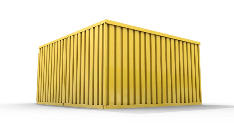 Lagercontainer Gerätehaus XL2  – 21 qm, H2150 x B5080 x T4340 mm, Außenwandlackierung RAL 1003 signalgelb, Dach außen verzinkt, mit Holzfußboden, 1270 mm Einflügeltür mittig in Breitseite, montiert