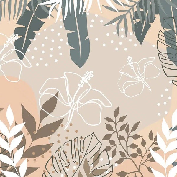Modernes tropisches Muster mit Palmblättern, Monstera-Blättern und Hibiskusblüten als Strichzeichnung und Vollflächen.